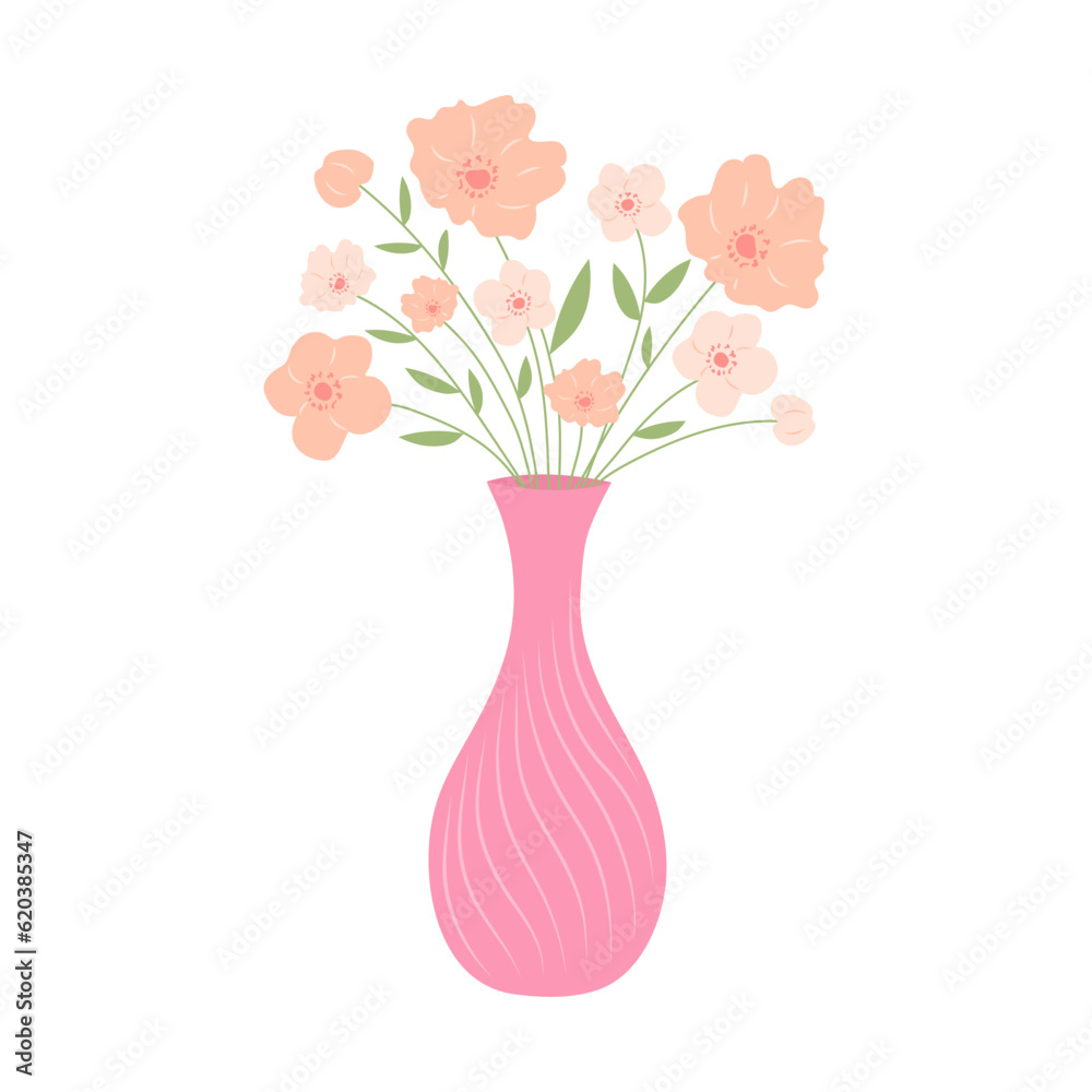 Vase with pink flowers. Still life postcard. Cartoon flat illustration. Vase with pink flowers. Still life postcard. Cartoon flat illustration.