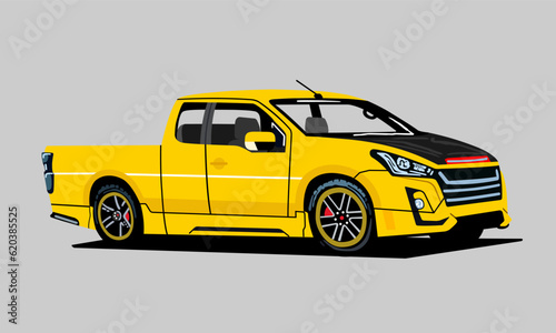 Yellow pickup truck showing front and side view, design flat style, vector illustration. 