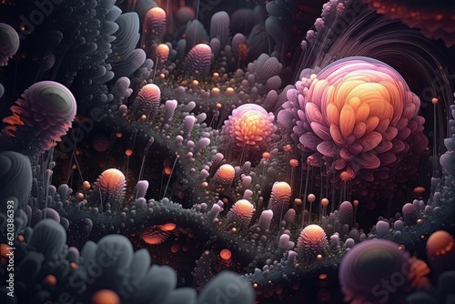 Abstract background futuristic artificial flower and balls surrounded by lines AI