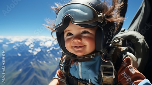 Brave Baby Soaring High Preparing for Skydive Adventure with Parachute. Their fearless spirit shines through as they embrace the thrill of skydiving at such a tender age. © Almir