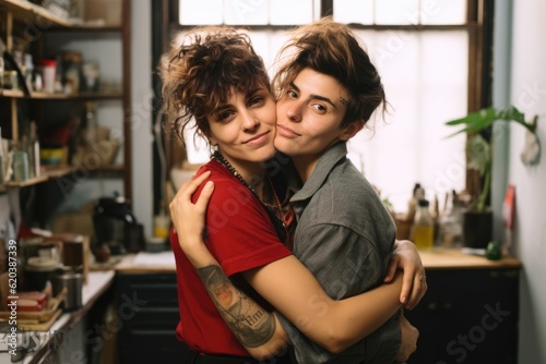Happy smiling affectionate homosexual lesbian hipsters posing at their homes looking at the camera