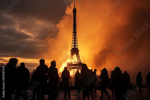 Rising Unrest in Paris: Depiction of Eiffel Tower on Fire, Riotous March, and Social Conflict. Generative AI