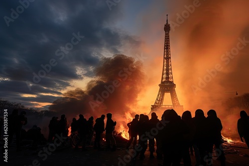 Riot Scene in Paris: Concept for Eiffel Tower Blaze, Unlawful Uprising, and Street Level Anarchy. Generative AI