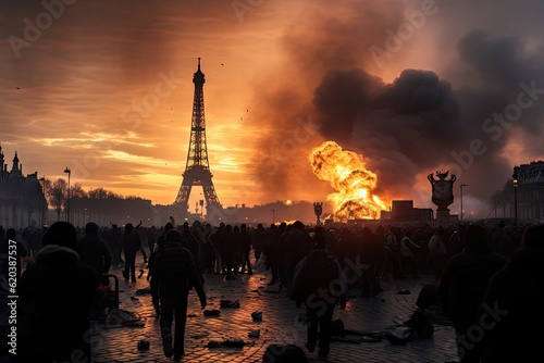 Burning Paris: Illustration for Violent Protest, Iconic Landmark in Flames, and Social Rebellion. Generative AI