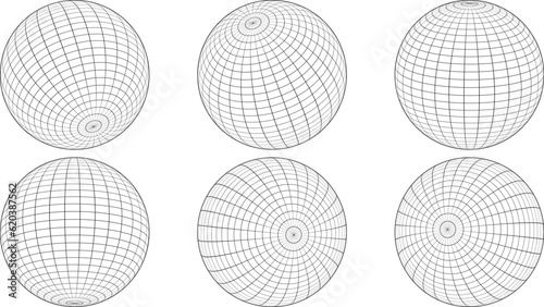 Thin line globe gird icon set.black white globe gird icon