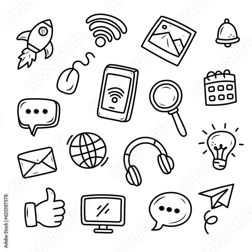 Set of social media doodle elements  with black and white color