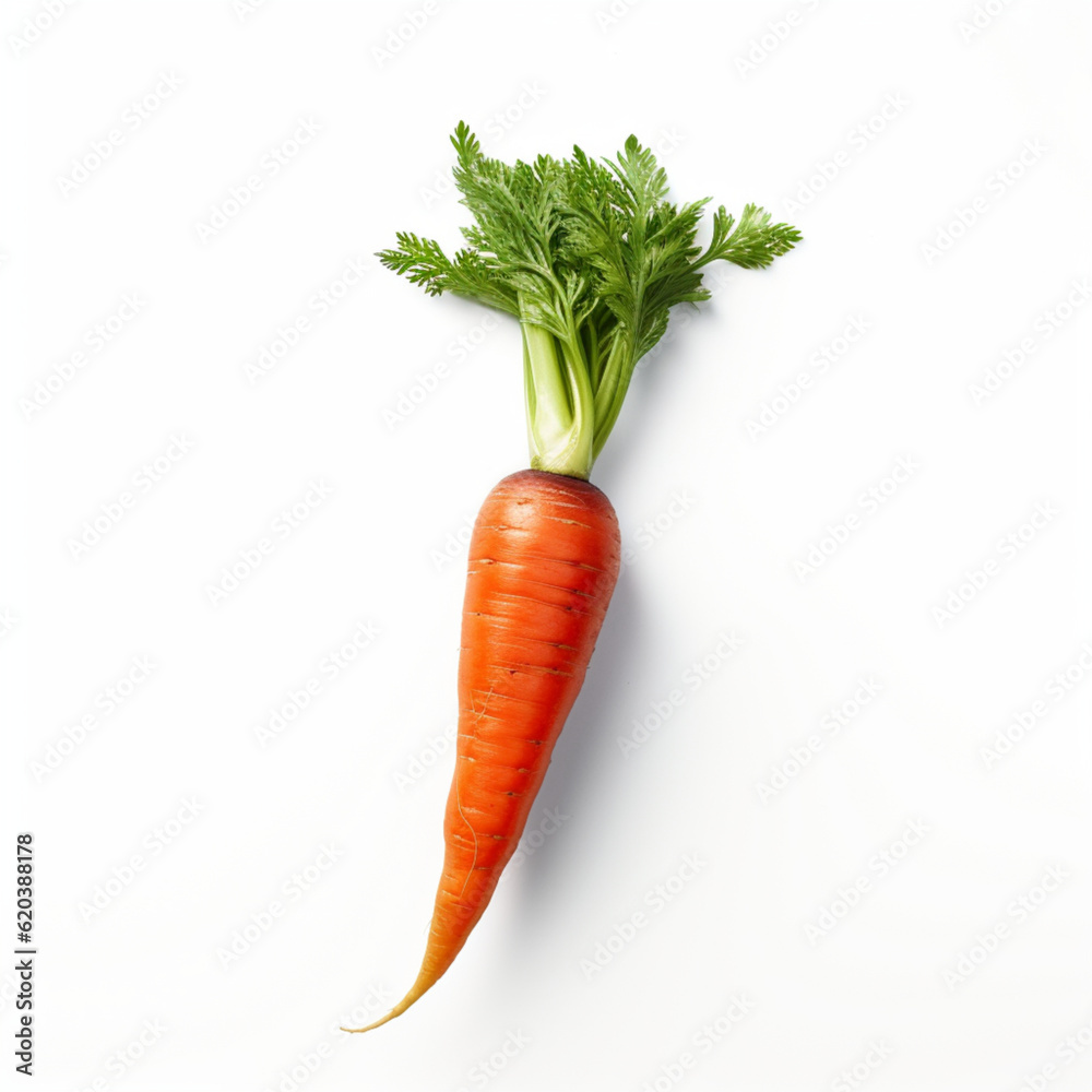 Illustration, AI generation. Carrots with tops on a white background. Illustration, AI generation. Carrots with tops on a white background.