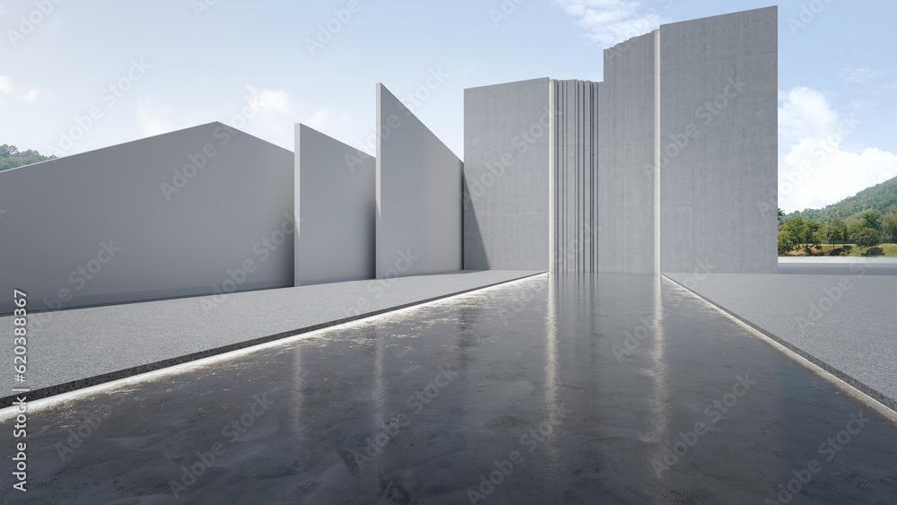Empty concrete floor and gray wall. 3d rendering of modern building with clear sky background. Empty concrete floor and gray wall. 3d rendering of modern building with clear sky background.