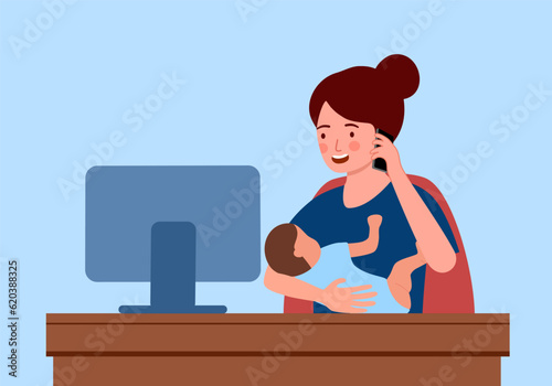 Busy mom sitting with her baby while working with computer. Single mom taking care of her daughter alone. Single parent family.