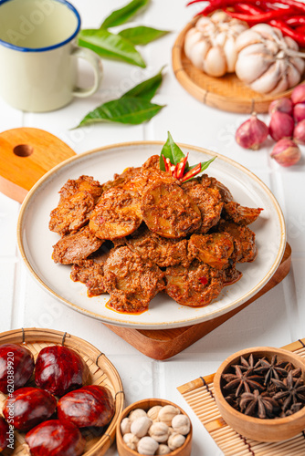 Rendang Jengkol, dogfruit simmered in spices and coconut milk. Indonesian traditional comfort food, with a spicy savory taste typical of rendang and a legit jengkol texture.