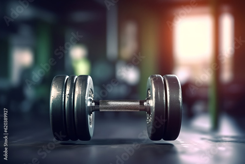dumbbells on the floor in concept fitness room with blurred gym interior