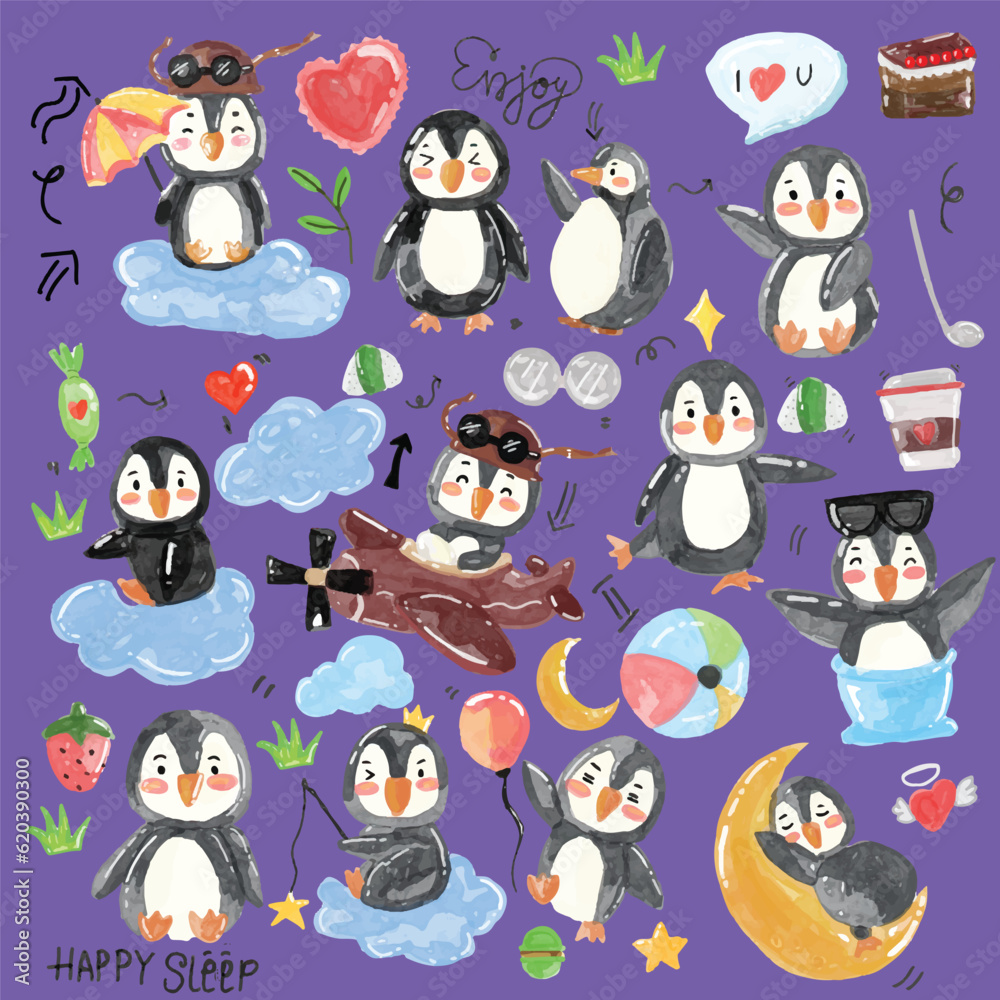 set of watercolor penguin cartoon illustration design. kawaii penguin