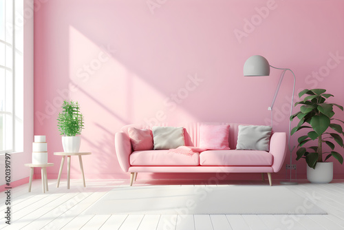 Living room in pastel colors with sofa and painting on a wall 3D render. Minimal style interior of a modern room with pink walls