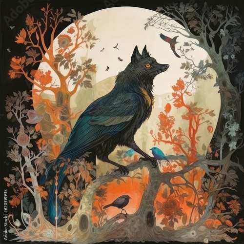 Surreal animal wolf with wings and a tail of a bird sits on a tree branch AI