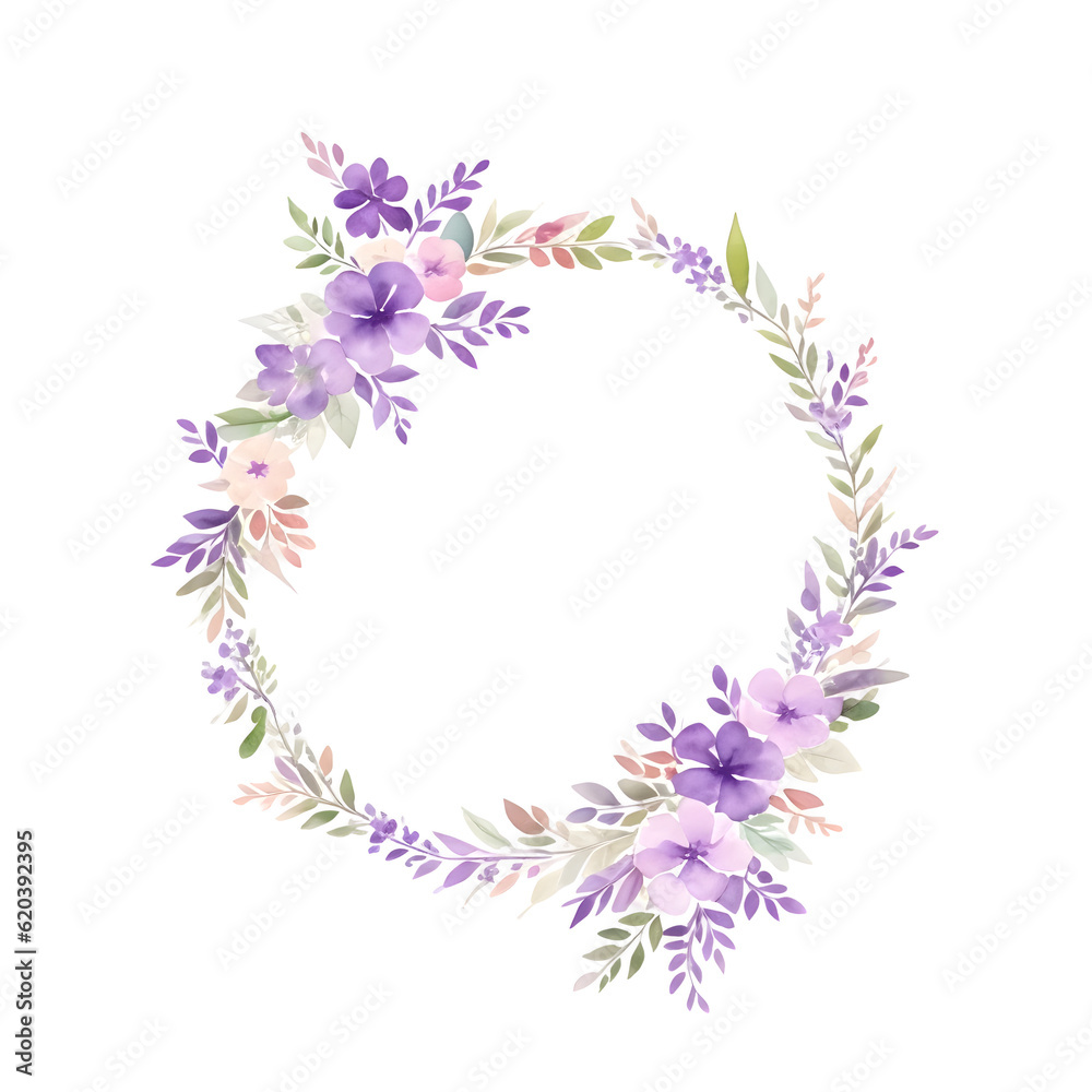 Watercolor wreath with purple flowers and leaves on transparent background,generative ai
