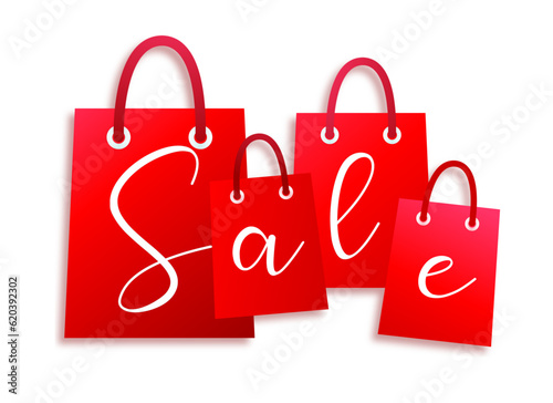 Red and white Sale label on shopping bags on white and transperancy background, discount label for sales