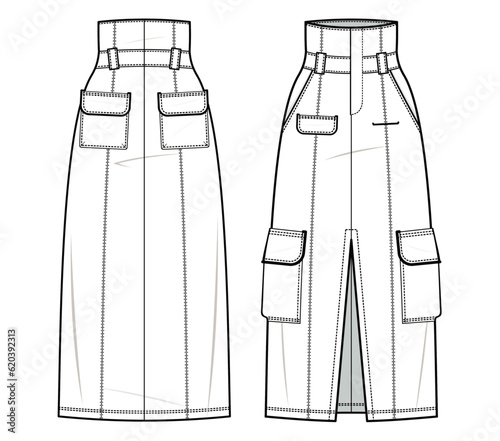 High-waist cargo skirt fashion flat technical drawing template. concealed front fastening, Loose-fitting. ankle-length cargo skirt technical fashion Illustration, front, back view, white, CAD mockup.