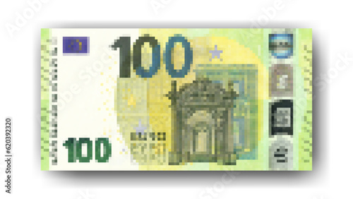 Vector mosaic pixel banknote of the European Union, denomination of 100 euros. White isolated background. Gaming, digital a bill.