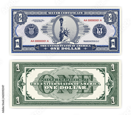 Vector blue banknote obverse and green reverse silver certificate of 1 US dollar. Oval, liberty and guilloche frame. American paper fictional money.