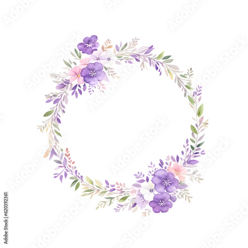 Watercolor wreath with purple flowers and leaves on transparent background,generative ai