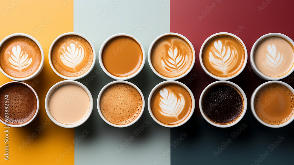 Top view of various types of specialty coffees with art design, and color background. Generative AI.