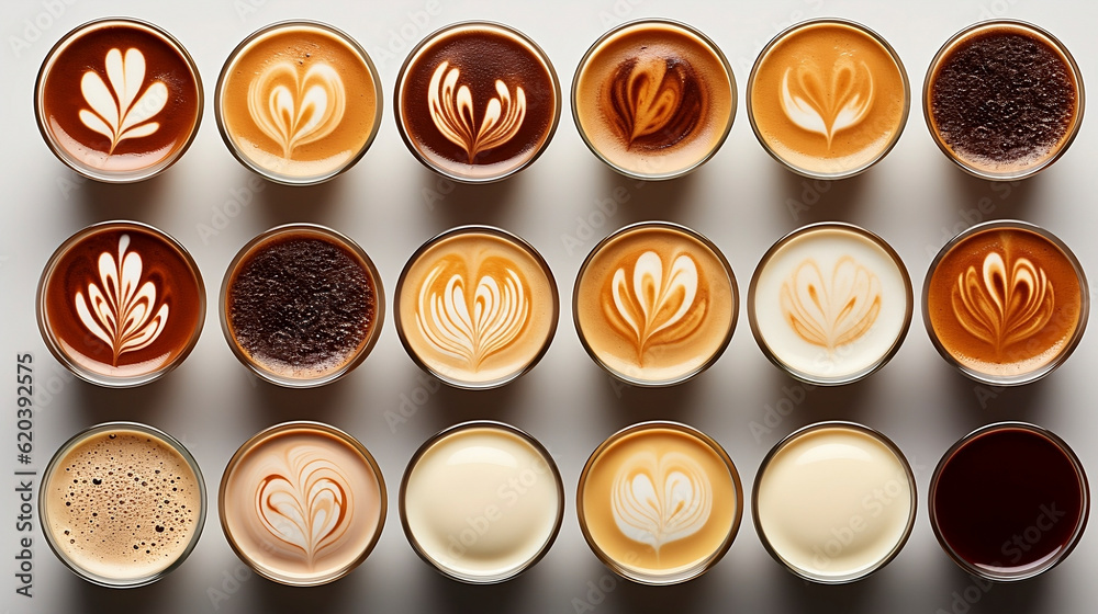 Top view of various types of specialty coffees with art design, and white background. Generative AI.