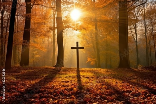 cross christ at autumn forest tree, with rays divine lights