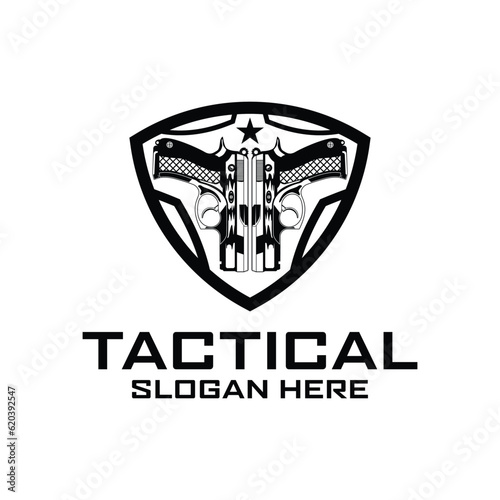 Gun And Shield Logo. tactical military shield gun logo design vector illustration