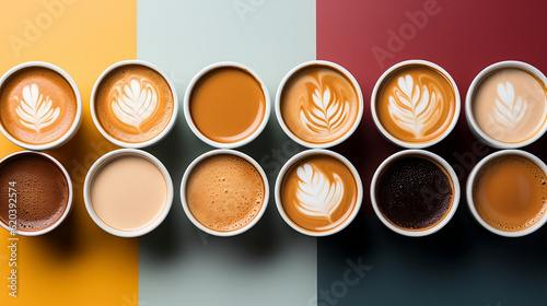 Obraz na płótnie Top view of various types of specialty coffees with art design, and color background. Generative AI. w salonie