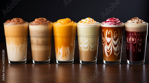 Various types of frappes with artistic design on a table. Generative AI. photo
