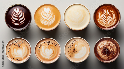 Top view of various types of specialty coffees with art design, and white background. Generative AI.