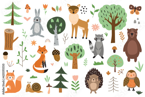 Set of cute forest animals with elements of nature on a white background. Vector illustration for your design, textiles, posters, postcards