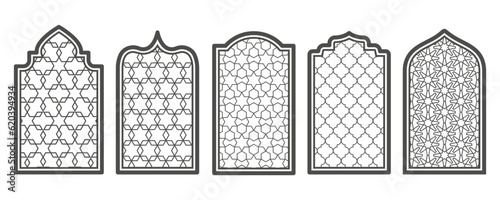Ramadan window and door with pattern. Arabic arch vector shape in mosque. Arabesque arch frame with ornament.