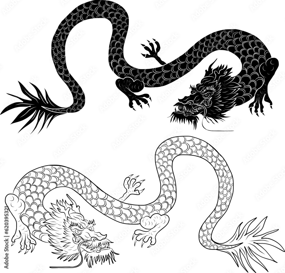 Fototapeta premium Japanese red dragon tattoo.Dragon on red background for Chinese New Year.Gold Chinese Dragon vector.Gold line art King Dragon tattoo.cartoon vector for t-shirt.