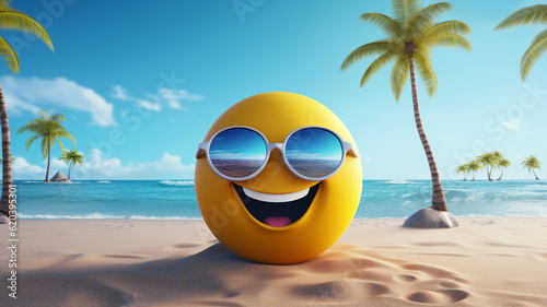 Funny yellow smiley with sunglasses on the beach. generative ai © 인혜 갈