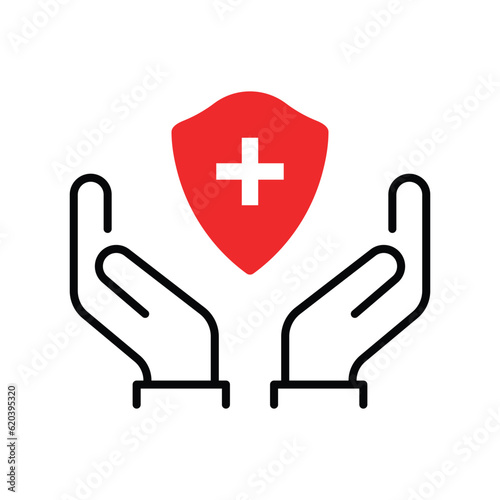 red shield and cross with two thin line hands. concept of charity foundation or non profit organization emblem. simple flat trend cupped logotype graphic stroke art design element isolated on white
