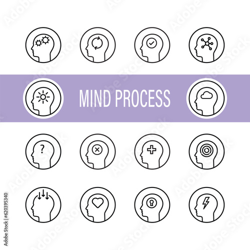 set of thin line mind process icon with heads. linear flat trend simple lineart open logotype graphic minimal stroke art design. concept of people or persona success and curiosity or making desicion