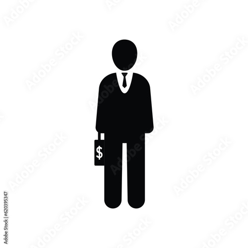 black investor icon with suitcase. concept of banking market, investing briefcase, sponsor cash, manager, savings, biz plan wealthy management. flat style trend logo graphic design on gray background