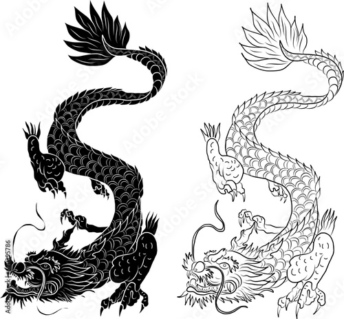 Japanese red dragon tattoo.Dragon on red background for Chinese New Year.Gold Chinese Dragon vector.Gold line art King Dragon tattoo.cartoon vector for t-shirt.