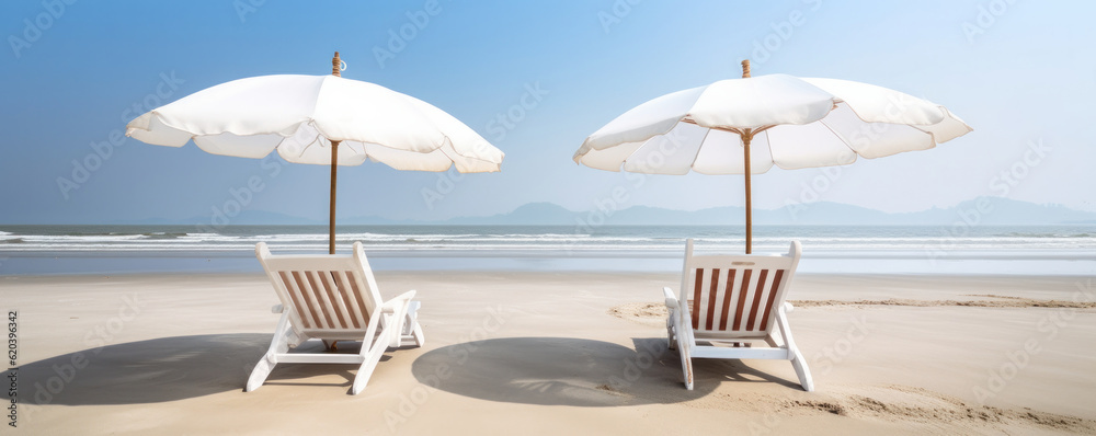 Relax in comfort and style with two beach chairs and umbrellas on the idyllic beach, offering stunning views of the ocean. AI Generative.