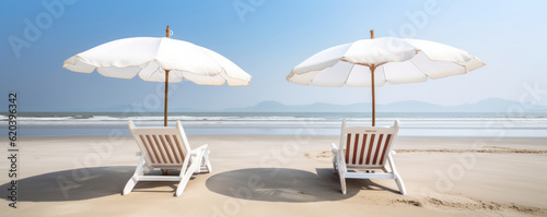 Relax in comfort and style with two beach chairs and umbrellas on the idyllic beach, offering stunning views of the ocean. AI Generative. © sorapop
