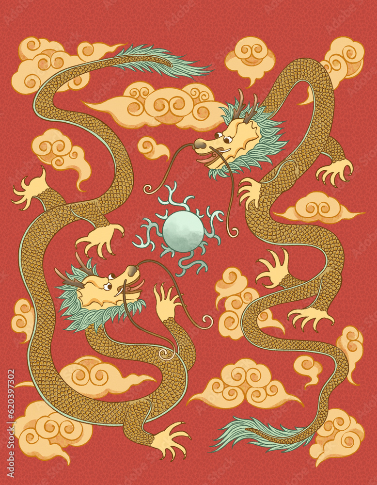 Fototapeta premium Chinese dragon pattern design. Two dragons play with a ball. Chinese art, digital illustration. 