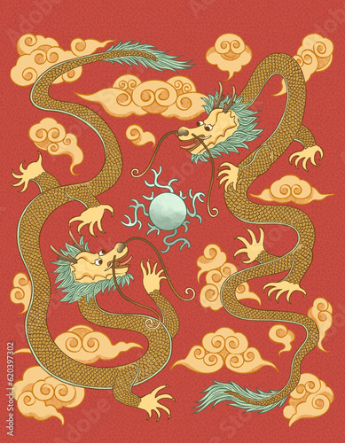 Chinese dragon pattern design. Two dragons play with a ball. Chinese art, digital illustration. 