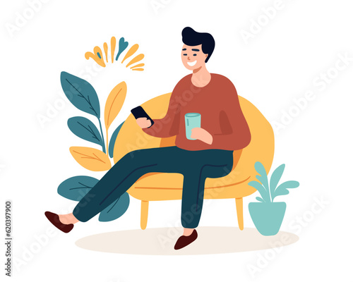 A man with a mobile phone and a cup of coffee is sitting in an armchair at home or waiting in line. Freelancers on the internet with a gadget. isolated vector illustration on white background