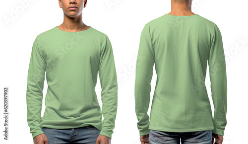 Man wearing a green T-shirt with long sleeves. Front and back view