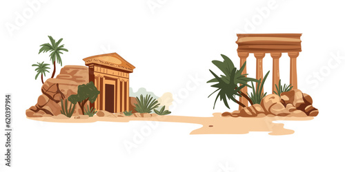Ancient places, old civilization ruins, columns and stones, historical place to visit, vector illustration