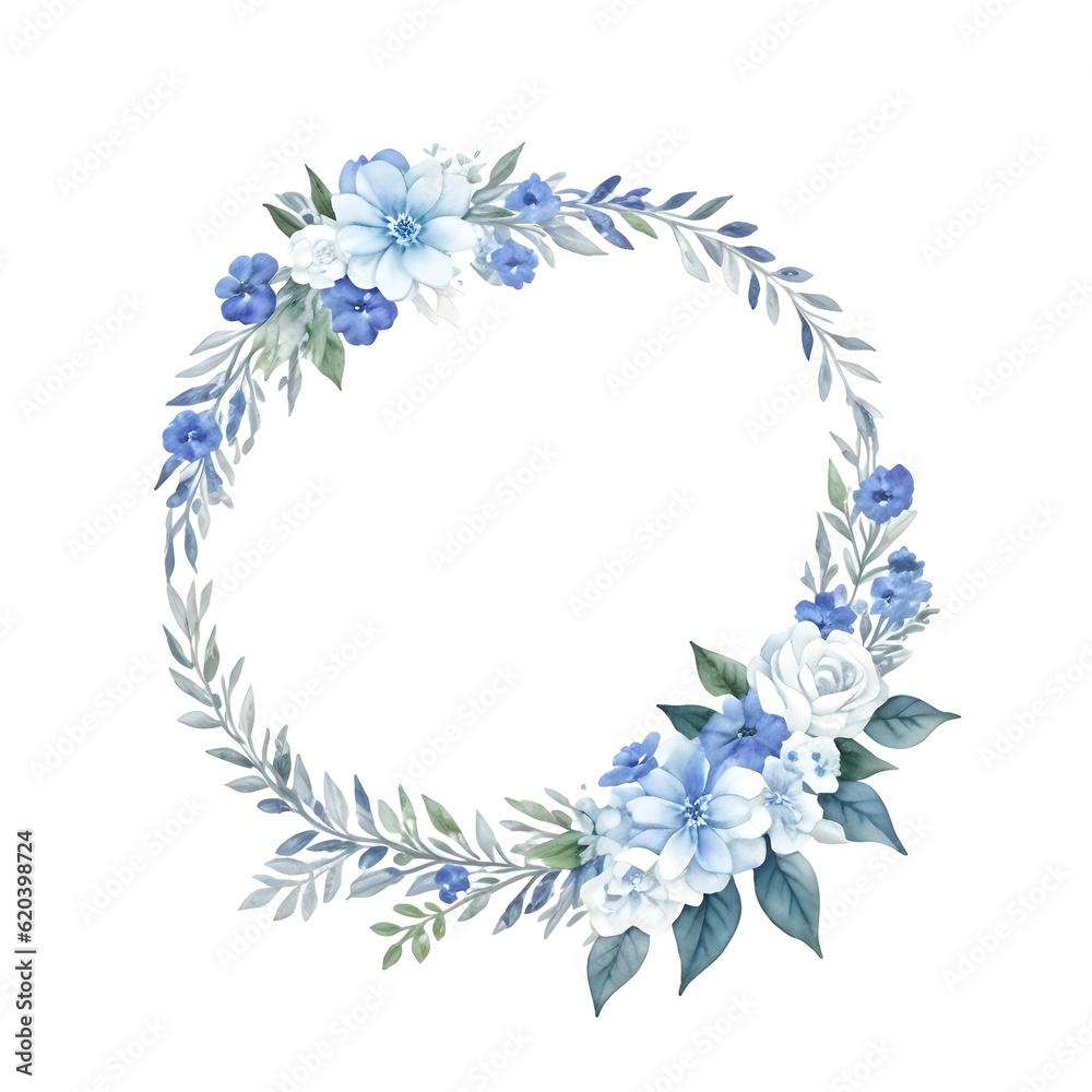 Watercolor wreath of blue flower and leaves on transparent background,generative ai