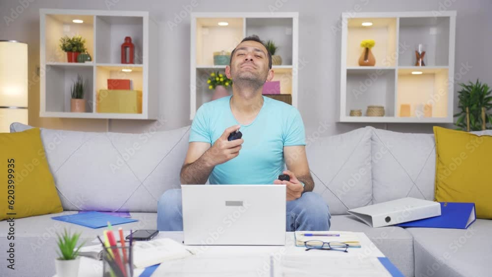 Home office worker sprays perfume on man. Home office worker sprays perfume on man.