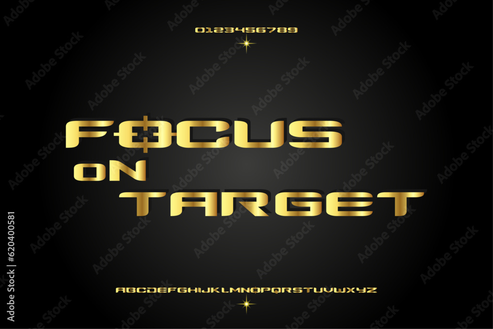 FOCUS ON TARGET, Elegant golden alphabet letters font set. Classic