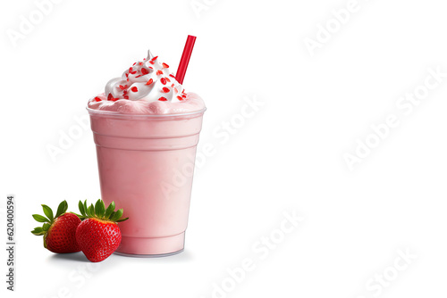 Strawberry milkshake in plastic takeaway cup isolated on white background with copy space